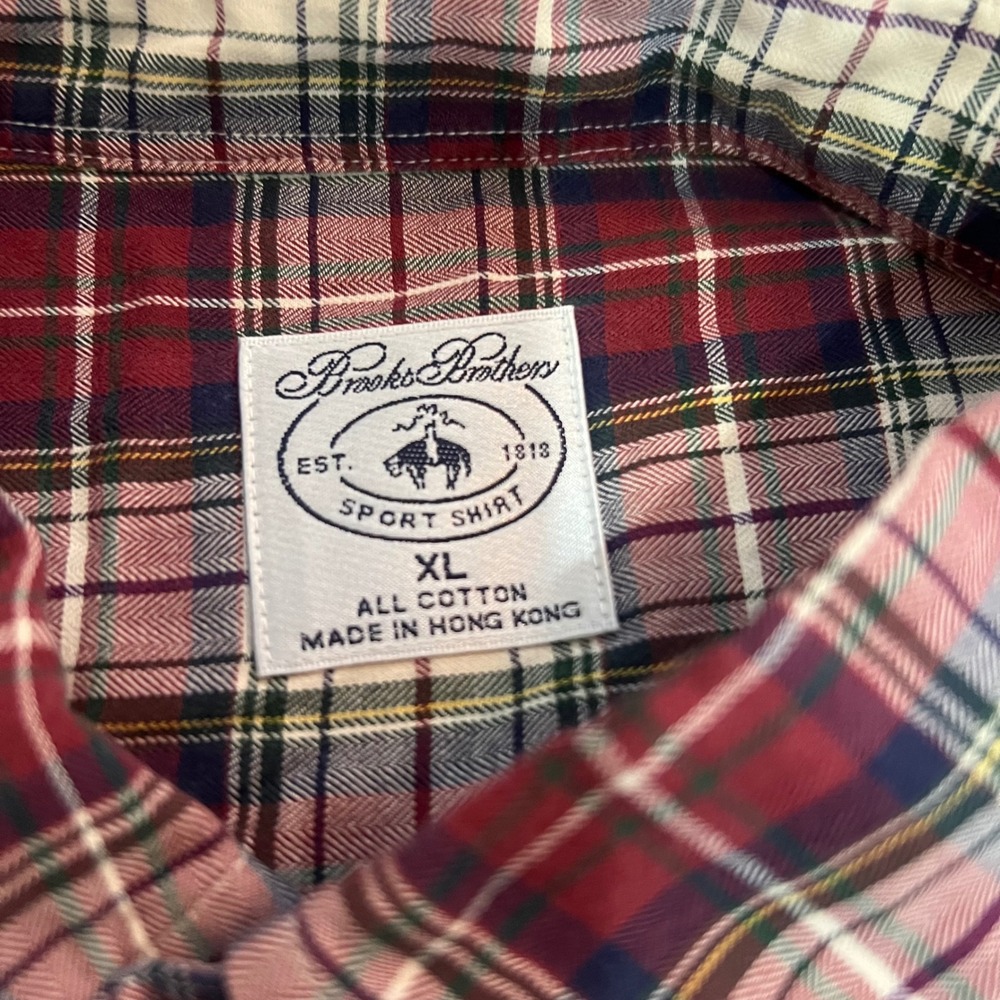 Vintage 80s 90s Brooks Brothers Plaid Flannel Sport Shirt Made Hong Kong OCBD
